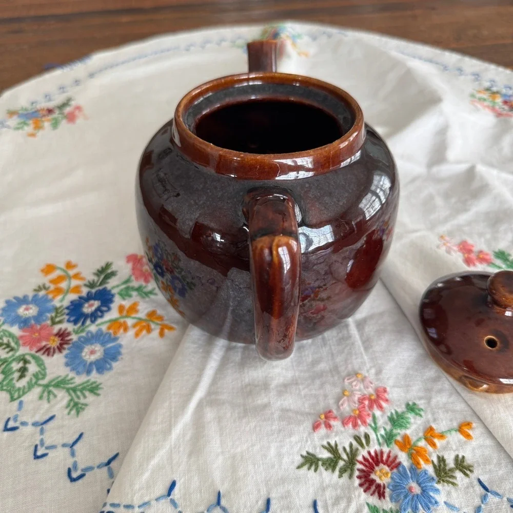 Vintage Brown Glazed Ceramic Teapot Rustic Stoneware Cottagecore Farmhouse Decor